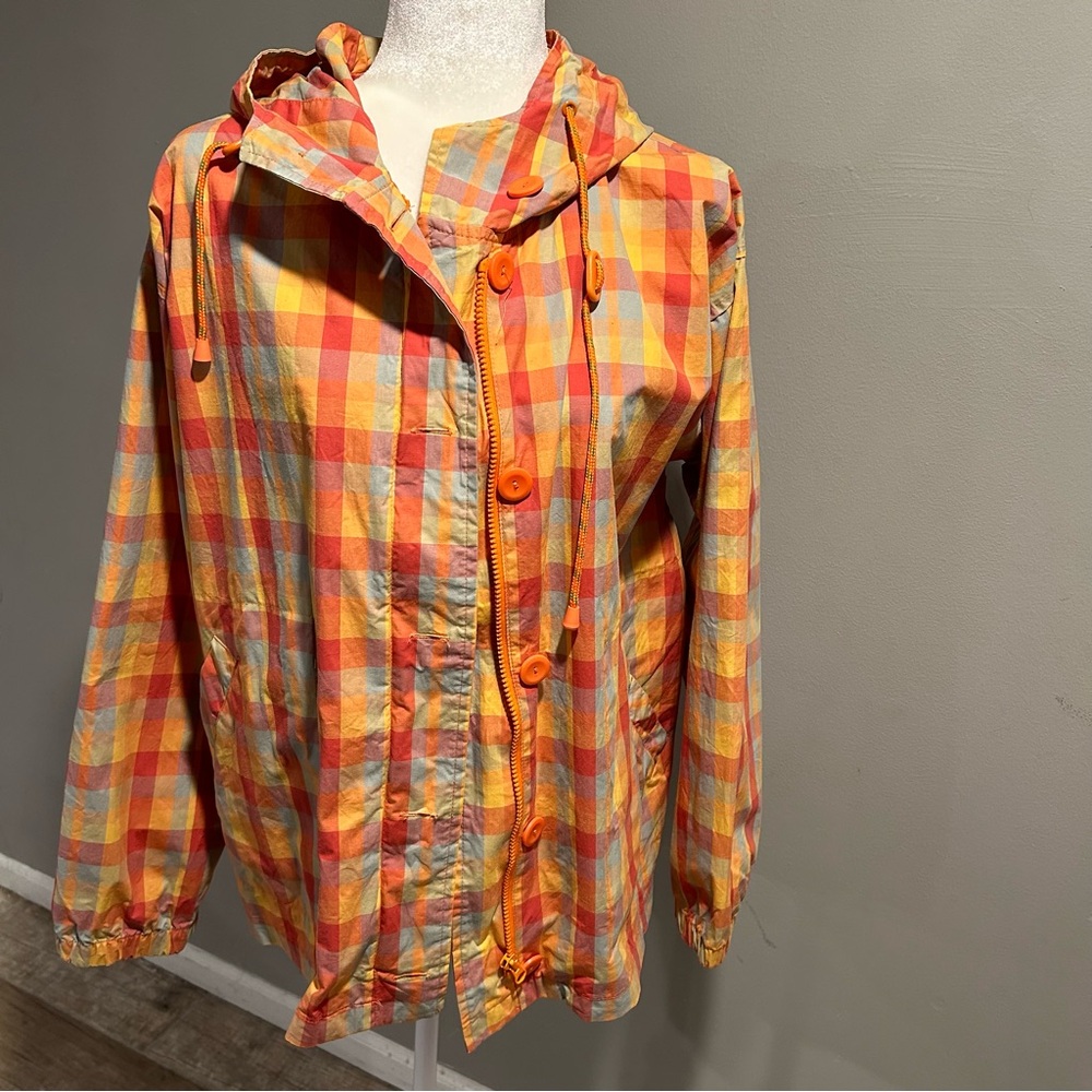 Vintage Sonoma Jacket Orange Plaid Hood Womens Large EUC 100% Cotton